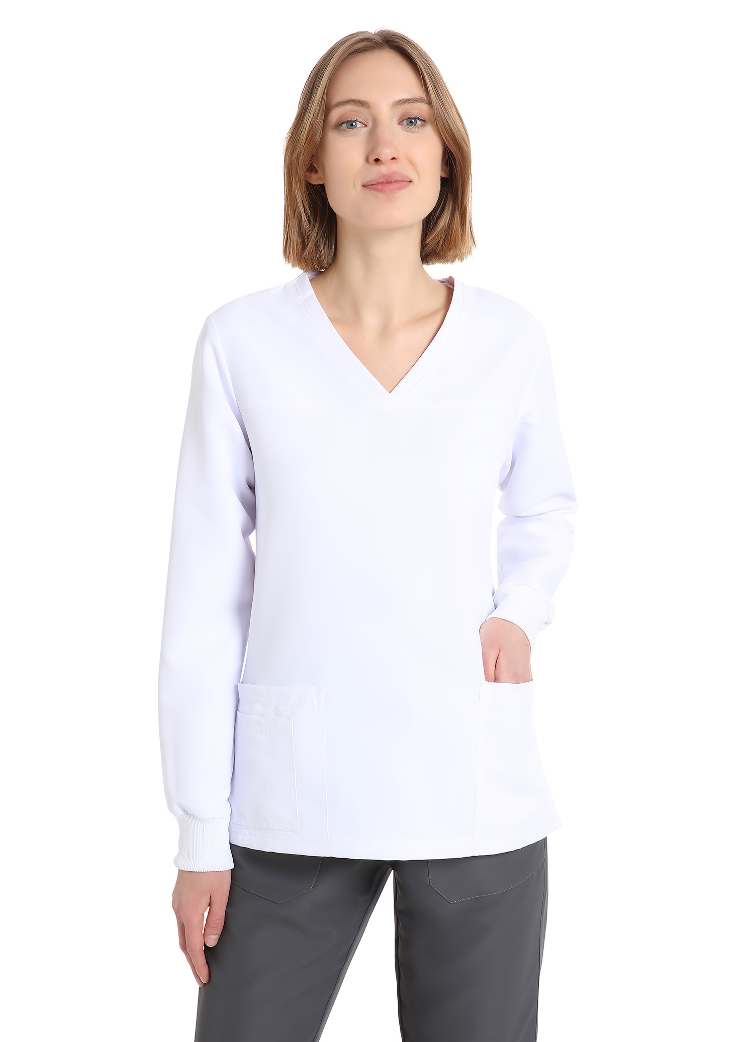 Women's long sleeve scrub(White) – premium dental product from Barmaan Dental, South African distributor of Dispotech Switzerland