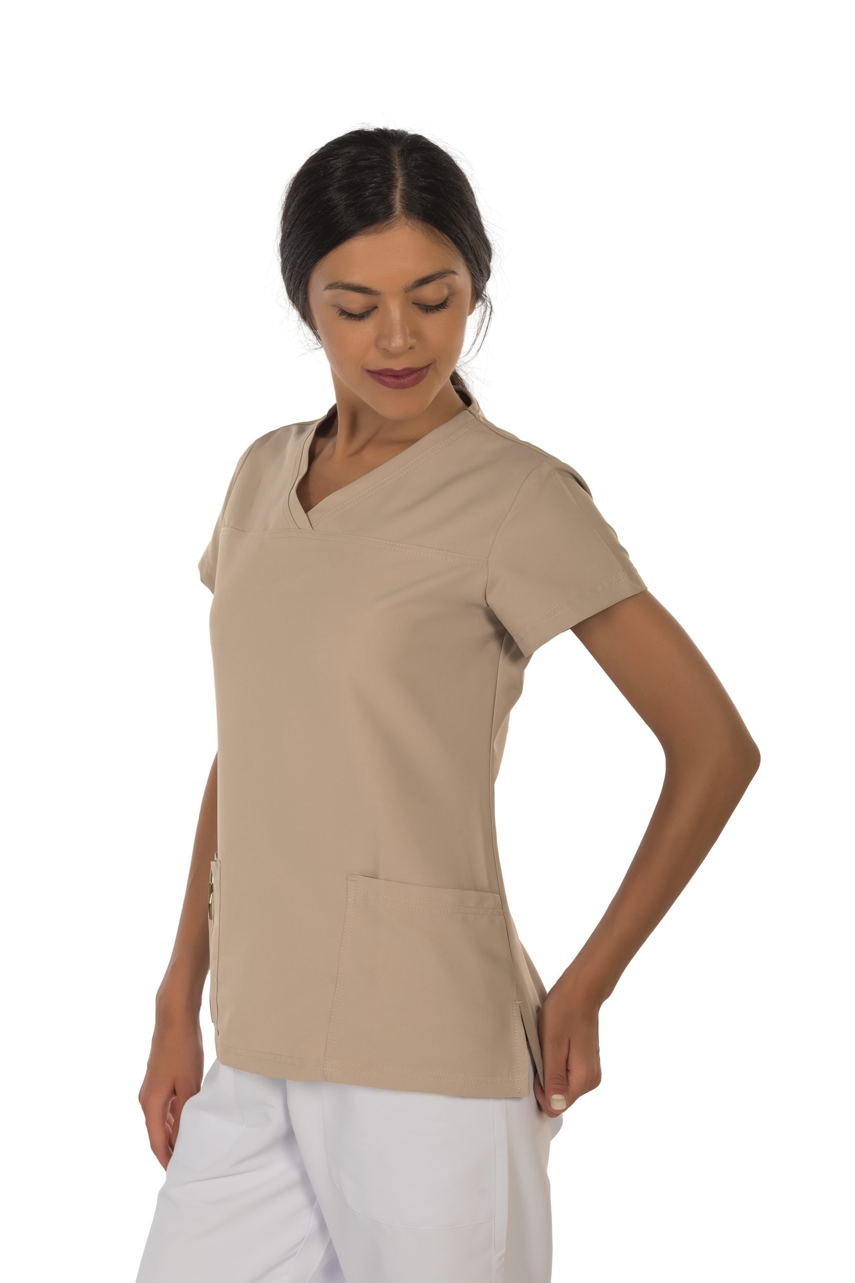 Women's short sleeve scrub (Beige) – premium dental product from Barmaan Dental, South African distributor of Dispotech Switzerland