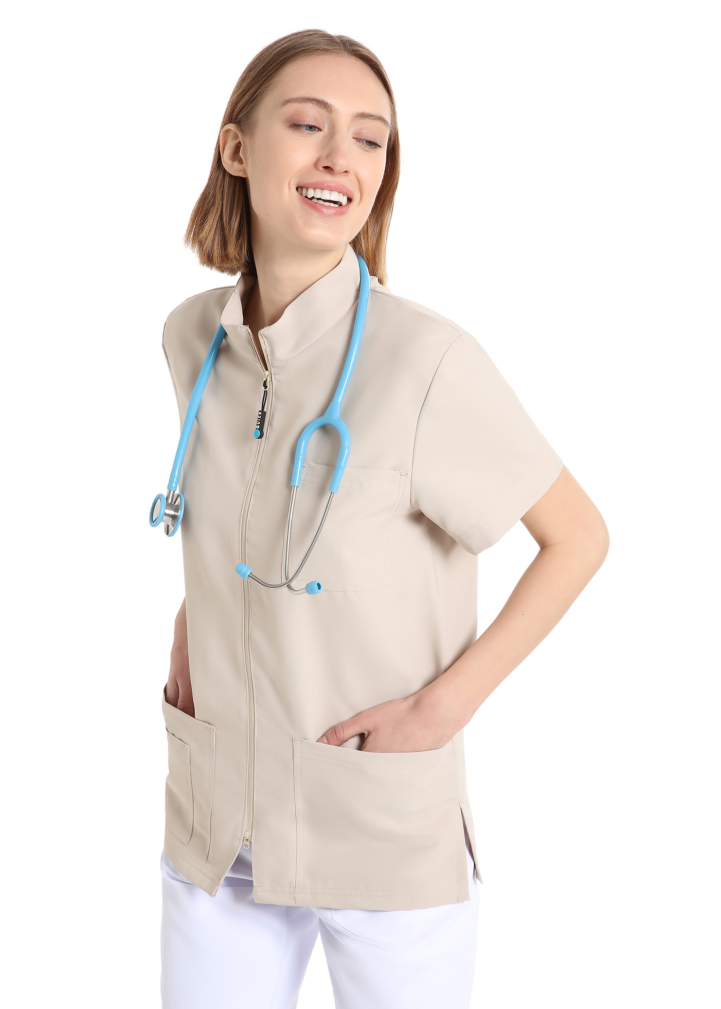 Unisex scrub top with zip (Beige) – premium dental product from Barmaan Dental, South African distributor of Dispotech Switzerland