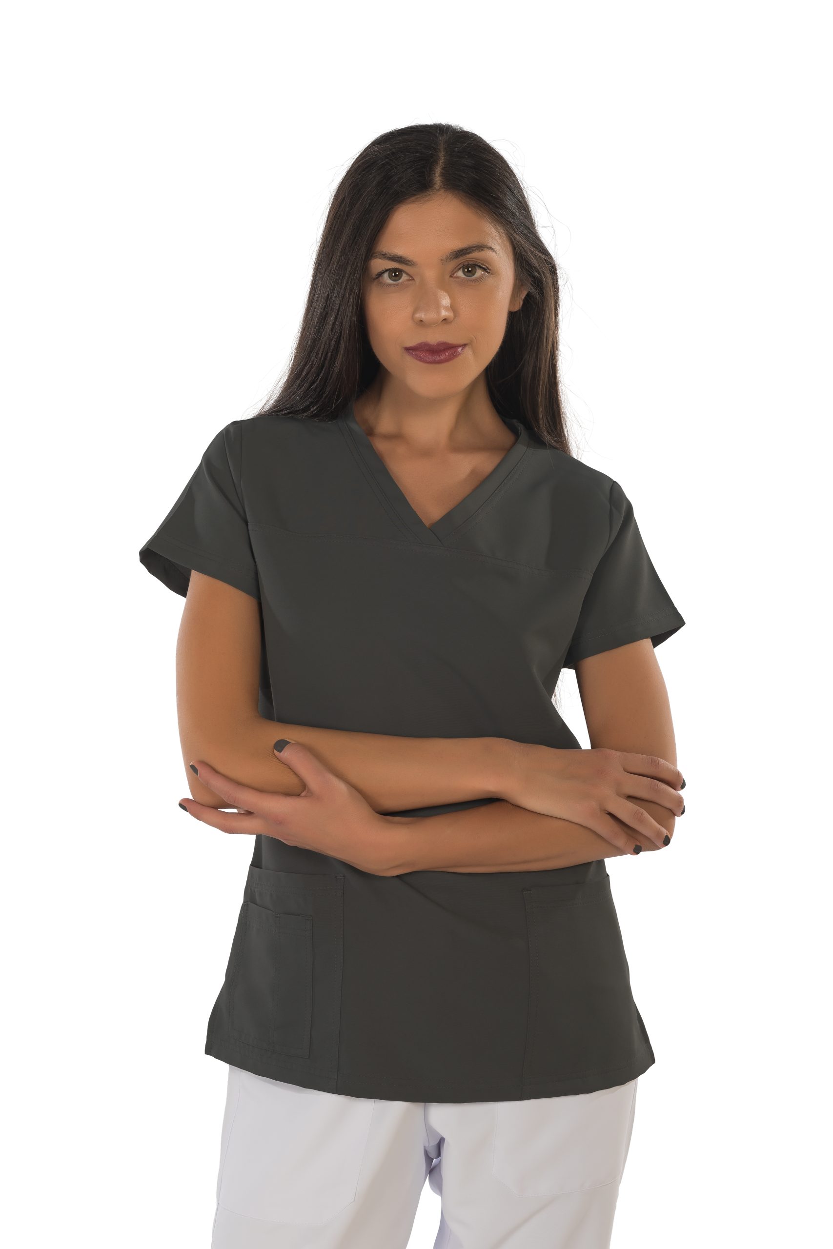 Women's short sleeve scrub (Grey) – premium dental product from Barmaan Dental, South African distributor of Dispotech Switzerland